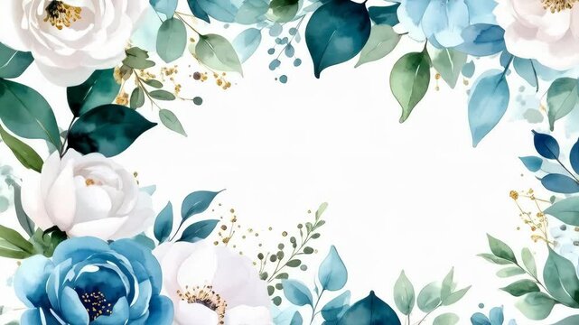 Watercolor floral frame with white and blue flowers with green leaves and gold accents on a white background for invitations and celebrations
