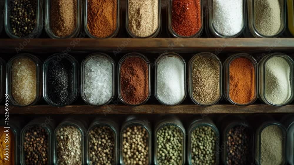 Poster A colorful display of various spices on a shelf