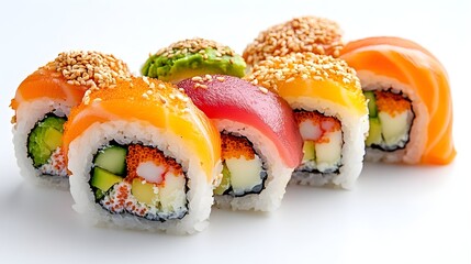 Rainbow Sushi Roll, Studio Shot, White Background, Food Menu