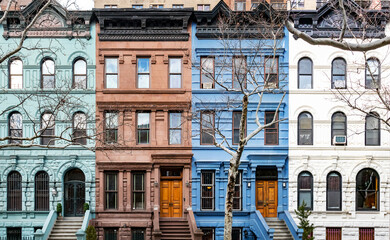 Row of colorful old historic buildings on West 78th Street in the Upper West Side neighborhood of New York City
