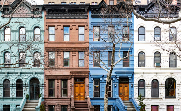 Row of colorful old historic buildings on West 78th Street in the Upper West Side neighborhood of New York City