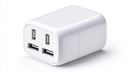 White charger block with dual USB ports on a blank background  