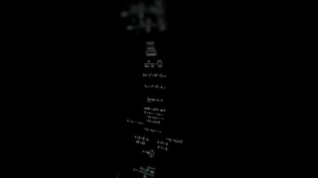 Close-up of mathematical formulas on a black background. 3D rendering animation.	