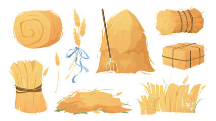 Haystacks set in flat cartoon design. Collection isolated elements of round, square and rolling shapes of hay stacks, straw heaps with pitchfork, ears, wheat or rye dry crop. Vector illustration. © alexdndz