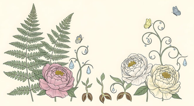 Romantic line art botanical illustrations. Hand-drawn delicate ferns (sage green), blooming peonies (blush pink & cream), sprouting seeds (earthy brown), and curling vines with whimsical dewdrops 