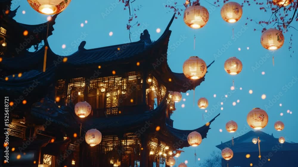 Aufkleber Exterior view of a building adorned with many colorful paper lanterns