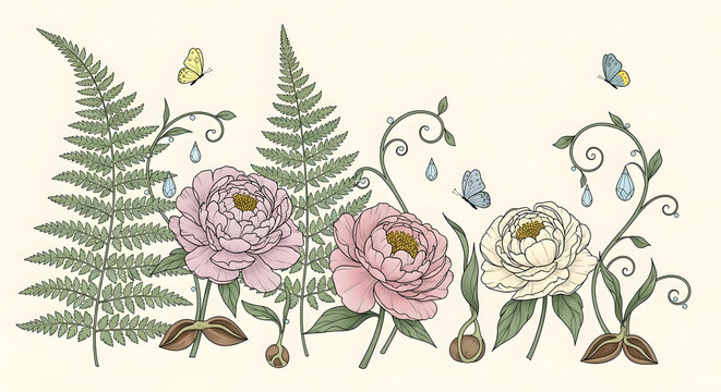 Romantic line art botanical illustrations. Hand-drawn delicate ferns (sage green), blooming peonies (blush pink & cream), sprouting seeds (earthy brown), and curling vines with whimsical dewdrops 