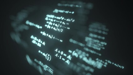 Close-up of mathematical formulas on a black background. 3D rendering animation.	 - Powered by Adobe