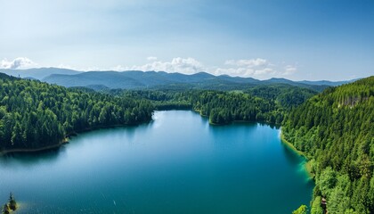 breathtaking aerial view of pristine lake surrounded by lush green forest
