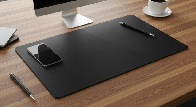Elegant desk mat mockup featuring workspace setup and minimalist accessories on wooden surface