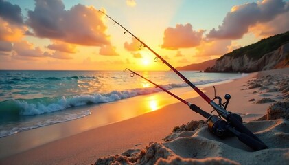 A tranquil beach scene with fishing rods resting on the sand, overlooking a calm ocean; perfect for relaxation and angling The sun sets, casting a warm golden glow , sunrise, relaxation