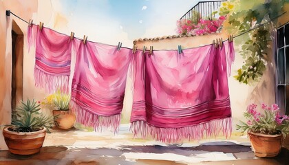 pink serape drying on clothesline in sunlit courtyard watercolor scene