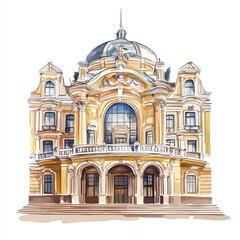 Odessa Opera and Ballet Theater. Odessa Opera and Ballet Theater hand drawn watercolor illustration
