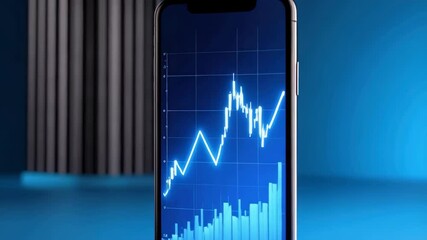 Digital stock market chart trending on smartphone screen, displaying upward financial growth in a blue room, investment future, technology - Powered by Adobe