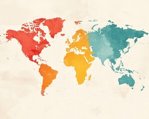 A colorful artistic world map with continents in red, yellow, and blue tones on a light background.