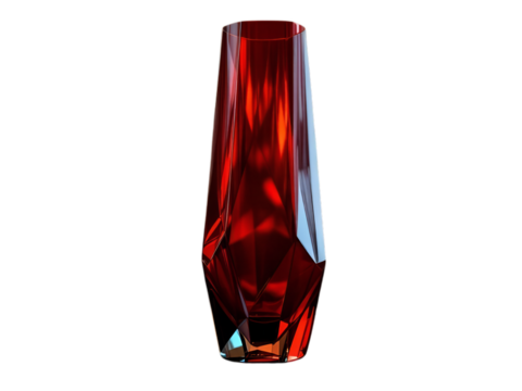 A digitally rendered red glass vase with a faceted design on a black background in a studio setting