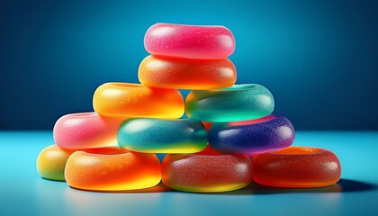 colorful gummy rings stacked against a blue background in a bright and cheerful display of candy treats generative ai