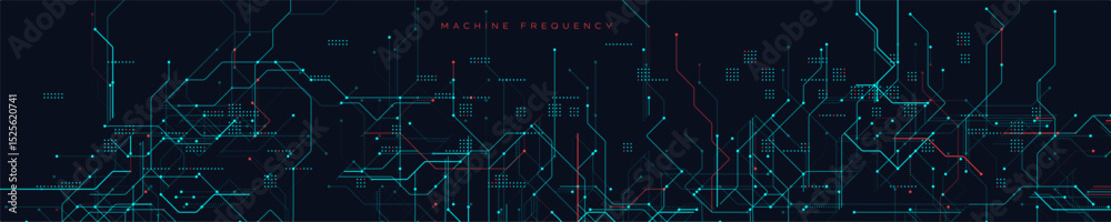 Aufkleber Machine Frequency Circuit Background With Futuristic Red and Blue Lines. High-tech network map with glowing connections and schematic patterns on dark background. Vector Illustration.