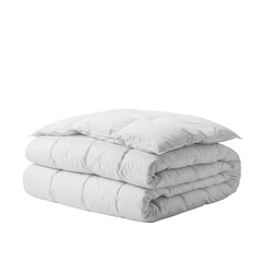 A transparent down comforter, neatly folded and compact, showcasing its fluffy plush texture and quilted pattern, isolated on a seamless transparent background with shadowless diffused lighting,