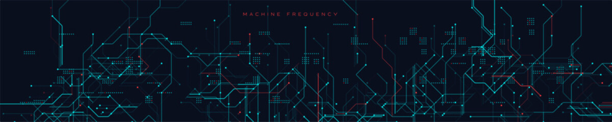 Machine Frequency Circuit Background With Futuristic Red and Blue Lines. High-tech network map with glowing connections and schematic patterns on dark background. Vector Illustration.
