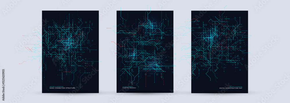 Aufkleber Futuristic Tech Network Posters Set. Abstract Neural Map, Cyber Grid And Scientific Data Flows On Dark Background. Perfect For Innovation, Research And AI Technology Themes. Vector Illustration.