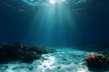 Obraz premium Sunlight Streaming Through Clear Blue Ocean Water Illuminating Coral Reef on the Seafloor