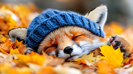 Obraz premium Sleepy fox, autumn leaves, knit hat, forest