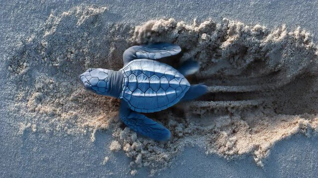 A tiny blue turtle hatchling struggles through sand towards the ocean a symbol of new beginnings survival and nature s