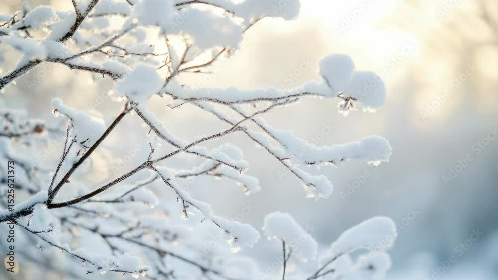 Poster a close-up view of a tree branch covered in thick layers of snow, perfect for winter scenes or natur