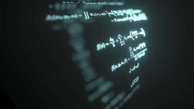Close-up of mathematical formulas on a black background. 3D rendering animation.	