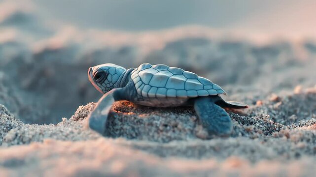 A tiny sea turtle crawls toward the ocean The warm sand contrasts with the cool ocean waters