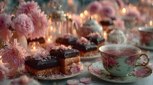 Elegant Afternoon Tea with Chocolate Cake, Pink Flowers, Candles, and Vintage Teacup - Powered by Adobe