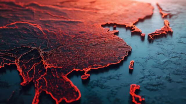 Detailed view of Asia map highlighting countries and regions