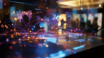 A glass display featuring a map of the world