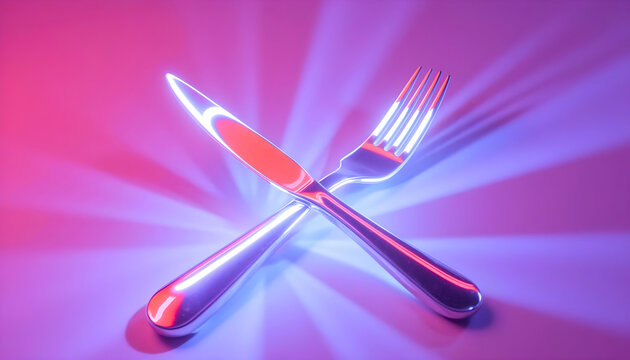 Metallic knife and fork crossed under colorful lighting effects   - Powered by Adobe