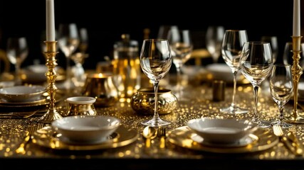 a glamorous golden banquet setting with elegant tableware and shimmering background
