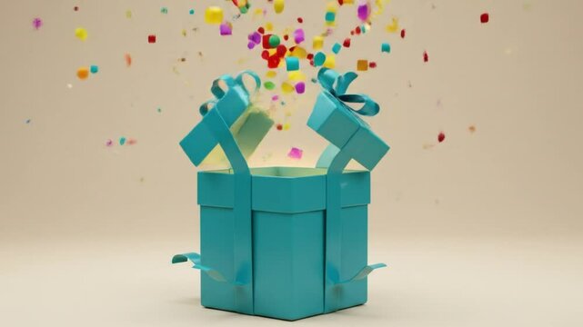 A turquoise gift box open with lid floating above and confetti exploding out on a neutral background
