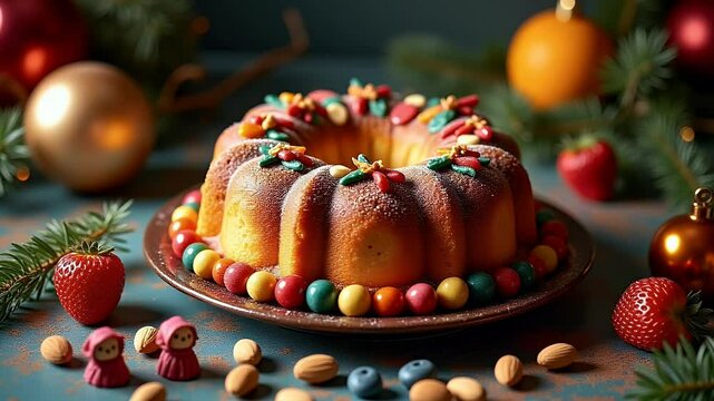 christmas cake and decorations