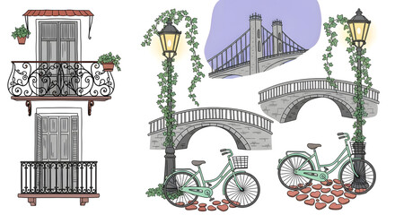 Obraz premium Romantic line art illustrations of charming city details. Hand-drawn wrought-iron balconies (charcoal black with rust accents), snippets of bridges (stone grey), whimsical bicycles (pastel mint green)