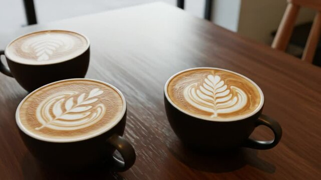 Three cups of latte art coffee on a wooden table with a blurred chair in the background indoors cafe