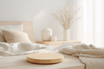 wireless charger on wooden nightstand bathed in soft morning light