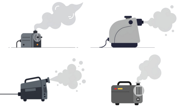Various fog machine designs with smoke on white background vector illustration