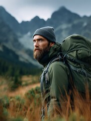Man with backpack, beard, and cold weather gear hikes in mountainous wilderness.