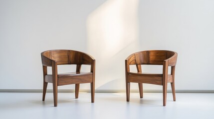 A minimalist two-piece wood chair set against white wall.