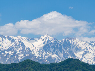 残雪の北アルプス　山並み　稜線　長野県小川村