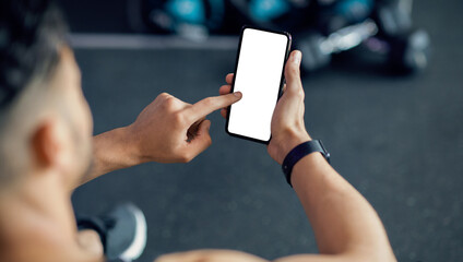 Unrecognizable Male Using Cellphone With White Screen At Gym, Mockup Image Of Sporty Man Browsing...