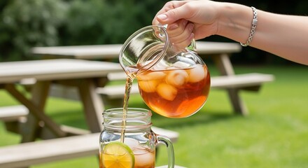 Pouring Refreshing Iced Tea into Glass: Cold Beverage on Summer Picnic Table