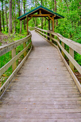 Covered shelter along boardwalk at Magnolia Landing in Magnolia Springs Alabama