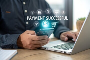Mobile payment success concept showing a person completing a secure online shopping transaction using a smartphone app, representing modern ecommerce, fintech innovation, and digital finance
