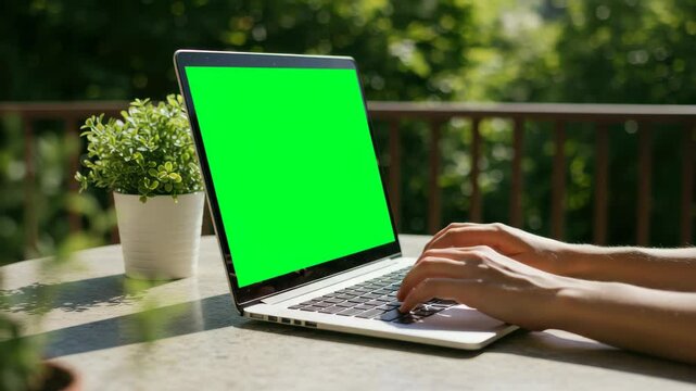 Woman Typing on Laptop with Green Screen Outdoors